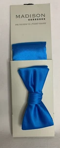 Madison Pre Tied Bow Tie and Pocket Square Set Blue Satin - Picture 1 of 4