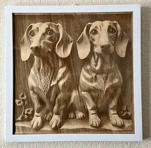 11  X 11 Engraved Art Panel Dachshund Brothers Framed Basswood Engraving - Picture 1 of 6