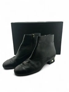 CHANEL Black Calfskin Leather Ankle Boot With Faux Pearl CC Detail Size 37 EUC - Picture 1 of 10