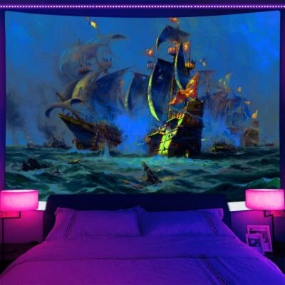 Cartel de arte de pared grande de la guerra de barcos medievales para hombres tapiz de luz negra reactivo a los rayos UV Foto 1 de 4