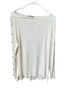 Red Haute Ribbed Button Sleeve Top Size L Creme Minimalist Capsule Wardrobe NEW - Picture 1 of 9