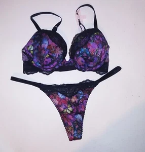Victoria Secret Bra Set Push Up Small Thong Panty Black Purple Floral Shine Stra - Picture 1 of 9