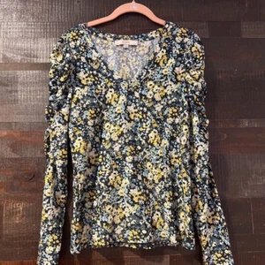 Loft Womens Blouse Multicolor Floral Long Sleeve Puff V Neck Top Stretch S - Picture 1 of 6