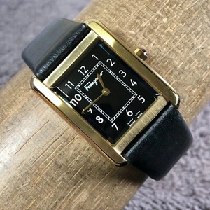 Salvatore Ferragamo Womens Portrait L Black Leather Tank Quartz Watch 6 1/2" - Picture 1 of 14