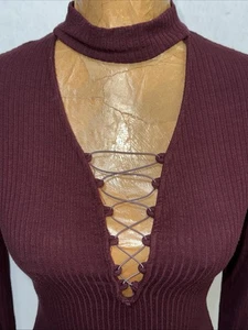 Üppiger burgunderroter gerippter langärmliger Body mit Schnürung und tiefem Ausschnitt Damen Medium " - Bild 1 von 7