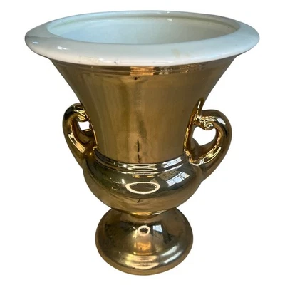 Florero urna de cerámica dorada Haeger Pottery EE. UU. de colección asas de pedestal borde blanco EE. UU. Foto 1 de 4