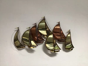 Vintage MCM DEMOTT Messing & Kupfer Segelboot Metall Wandbehang Skulptur signiert - Bild 1 von 12