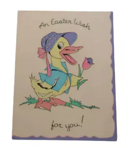1930's Easter greeting card duck picking flowers "An Easter Wish for you" - Picture 1 of 4