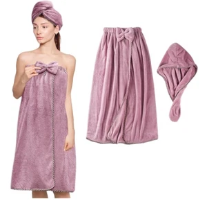 woman Microfiber Bath Towel Wrap Adjustable Soft Body Wraps Dress w/ Hair Towel - Picture 1 of 3