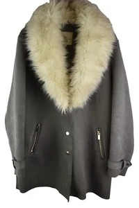 River Island Womans Afgan Style Faux Suede Jacket Size 14 Grey Faux Fur Trim - Picture 1 of 8