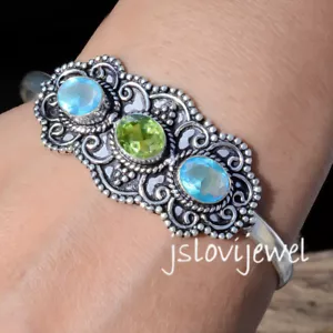 Faceted Peridot & Blue Topaz Gemstone 925 Sterling Silver Affordable Bracelet - Picture 1 of 5