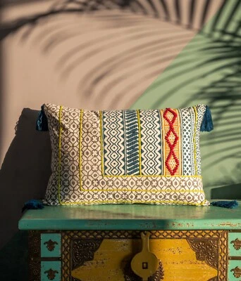 Boho Embroidered Cushion Cover 16x24 Inch Geometric & Ethnic Design with Tassels - Image 1 of 4