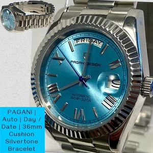 36mm Auto Day & Date | Sky Blue Dial | Silvertone Bracelet | PAGANI Mens Watch - Picture 1 of 12