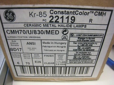 Box 6 GE 22119 CMH70/U/830/MED 70 watt Metal Halide  Bulb BU17 Clear E26 Hungary - Image 1 of 4