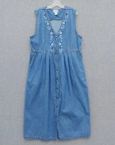 VTG Studio West Denim Blue Jean Long Dress SZ L Embroidered Button Up Sleeveless - Picture 1 of 11