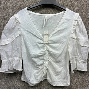 NWT Anthropologie Ruched White Ruffle Top, Size Medium - Cream -100% Cotton - Picture 1 of 8