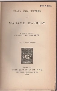 Diary and Letters of Madame D'Arblay Vol IV 1797-1840 Sonneschein ed. 1893 L5868 - Imagen 1 de 1