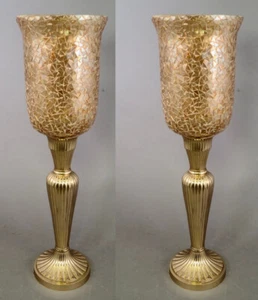 Candle Holder Polished Brass with Fluted Clear Glass Shade 6"Dia 21"High Set/2 - Picture 1 of 3