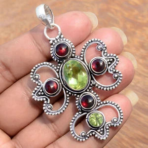 Faceted Peridot & Garnet Gemstone 925 Sterling Silver Handwork Cross Big Pendant - Picture 1 of 7