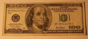 2001 Series $100 Dollar Bill Star Note Serial #03411172 * - Picture 1 of 2