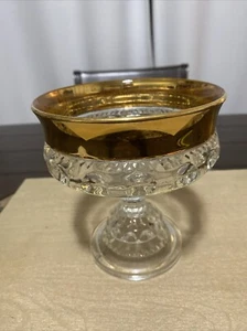 Vtg MCM Indiana Glass Compote Candy Dish Kings Crown Thumbprint Gold Rim - Picture 1 of 15