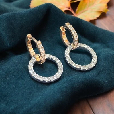 Elegant 1.10 TCW Round Brilliant Cut Diamonds Double Hoop Drop Earrings 14K Gold - Image 1 of 4