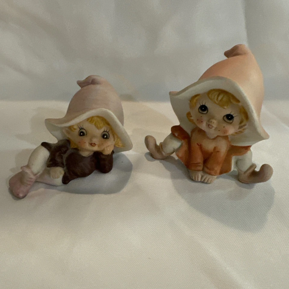Set of 2 Homco Pixie Elves Elf Figurines #5213 Ceramic Porcelain QDJE2 - Image 1 of 4