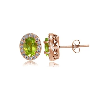 Rose Gold Flash Sterling Silver Peridot & Cubic Zirconia Oval Halo Stud Earrings - Image 1 of 4