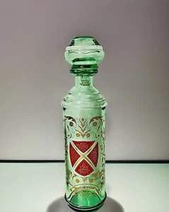 Old Fitzgerald Whiskey Decanter Green Glass Bottle Red Shield Gold Scroll VTG - Picture 1 of 6
