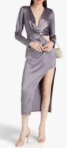 NICHOLAS Alezia Gray Twist Front Cutout Satin Side Slit Dress Sz 2 Msrp $498 - Picture 1 of 14