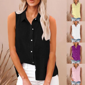 Solid Sleeveless Single Breasted Woven Polyester Turn-down Collar Cap Sleeve - Picture 1 of 21