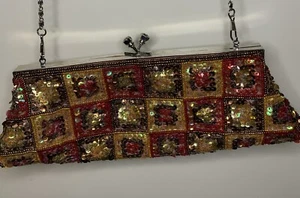Sequin Clutch Purse Multicolor Wine/Gold/ Brown Bag Silver Chain Strap - Picture 1 of 6