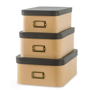Kraft Decorative Boxes with Buffalo Leather Lids - Set of 3, Cardboard Memory... - Picture 1 of 8