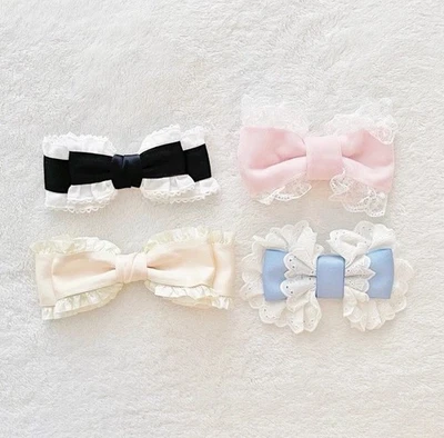 日本 Kawaii Lolita 粉彩粉色蓝色花边天鹅绒丝带发夹套装 — 第 1/4 张图片