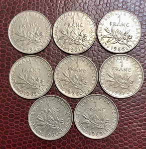 Lot 8 Münzen zu 1 Franc Frankreich, 1960,1961,1964,1965,1966,1967,1968,1969 - Bild 1 von 6