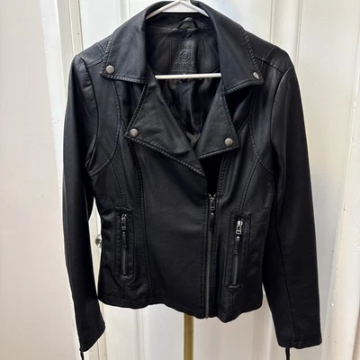 Max Studio Jacket Womens Small Black Faux Leather Biker Zip Pockets lined EUC  - Image 1 of 4