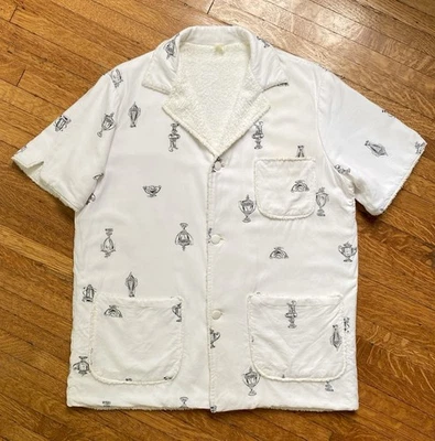 Vintage 50s Trophy Novelty Print Terry Cloth Lined Cabana Shirt MCM Resort Wear - Image 1 of 4