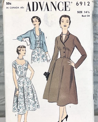 50's ADVANCE Fit & Flare Dress & Jacket Sewing Pattern 6912 Size 14 1/2 Bust 34 - Image 1 of 4