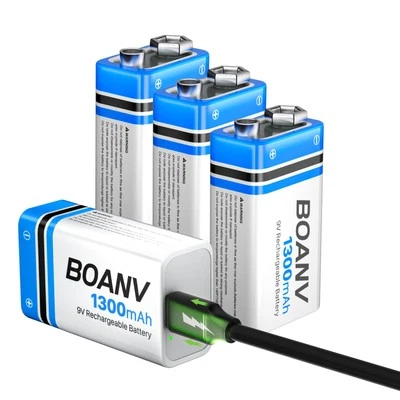 BOANV 4er Pack 9V wiederaufladbare Batterien 1300mAh, 9V wiederaufladbar USB Lithium lang