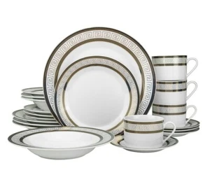 20 Piece Greek Key Bone China Dinner Dish Set for 4 - White Black with Gold Trim - Picture 1 of 6