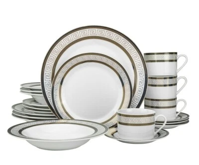 20 Piece Greek Key Bone China Dinner Dish Set for 4 - White Black with Gold Trim - Image 1 of 4