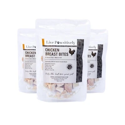 LIVE PAWSITIVELY Freeze Dried Chicken Breast Dog/ cat Treat 3 bags, each bag 4oz, Made in USA