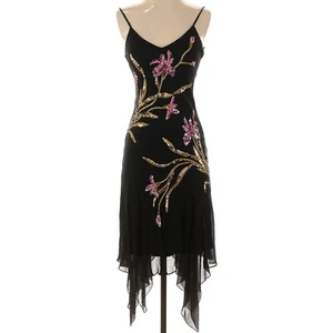 Sue Wong Nocturne Dress Black Flower Sequin Silk Pink Green Midi Lilies Fairy S - Picture 1 of 16