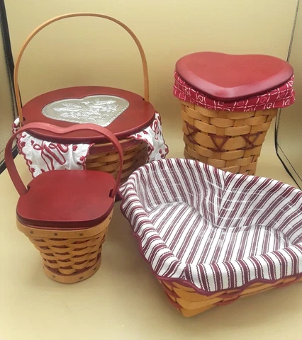 Longaberger Lot of 4 Hearts Valentine Love Letter Baskets Liners Protectors Lids Cover