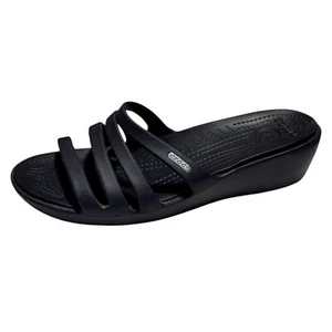 Crocs Rhonda Black Strappy Wedge Pump Short Heels Women's Size 10 - Picture 1 of 7