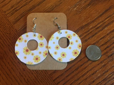 Yellow And White Floral Faux Leather/Vinyl Circle/Round Dangle Earrings Hand cut - Image 1 of 3