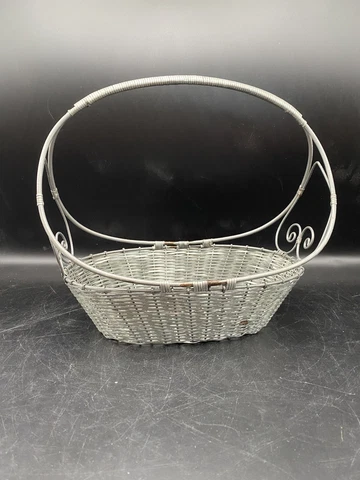 Vintage French Style Wire Basket Woven Silver Bread Fruit Handled 11" 1950s JS Cover