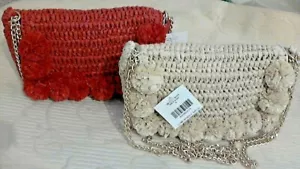 Woven Paper Straw Pom Pom Purse 9"X5" Lined 2 InPock Dble Gold Chn NEW WTags - Picture 1 of 9