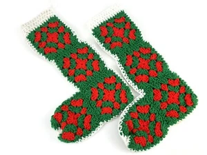 Christmas Stocking Crochet Granny Squares Holiday Handmade Red Green Vintage - Imagen 1 de 8
