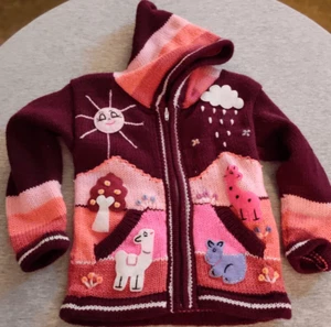 PERUVIAN HAND KNIT PATCHWORK HOODED ZIP UP PINK PURPLE SWEATER NEW - Picture 1 of 10